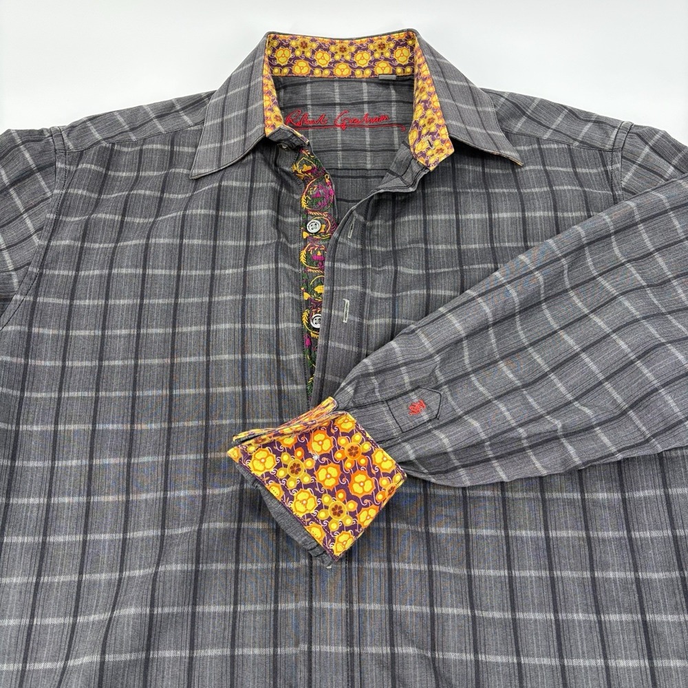 Robert Graham Embroidered Plaid Multi-Color Flip Cuff Button Up MED Quiet Luxury